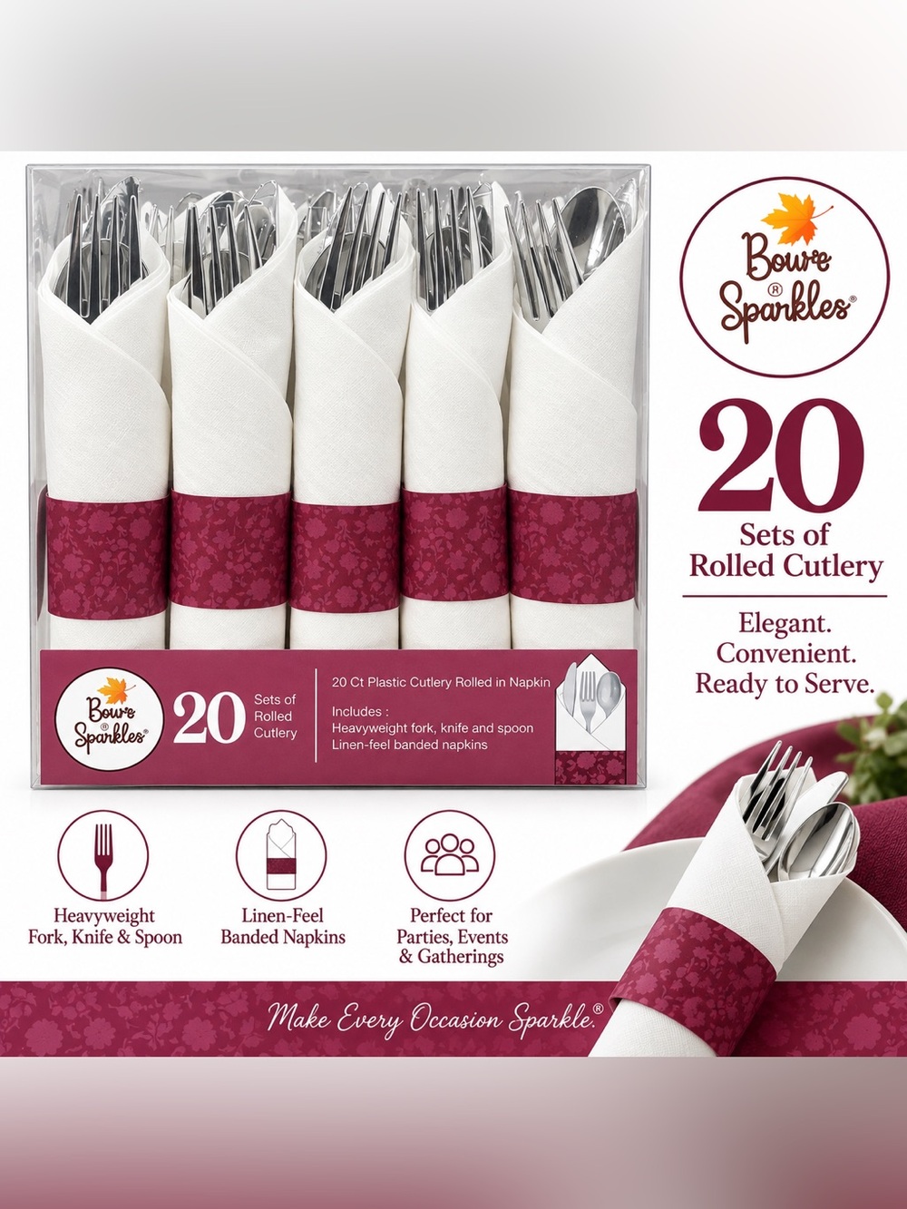 Bourne & Sparkles 20-Set Rolled Cutlery with Burgundy Napkin Bands